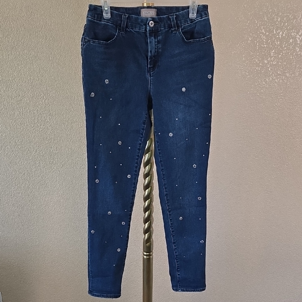 Chico's Midnight Blue Skinny Jeans with Sparkle Accents